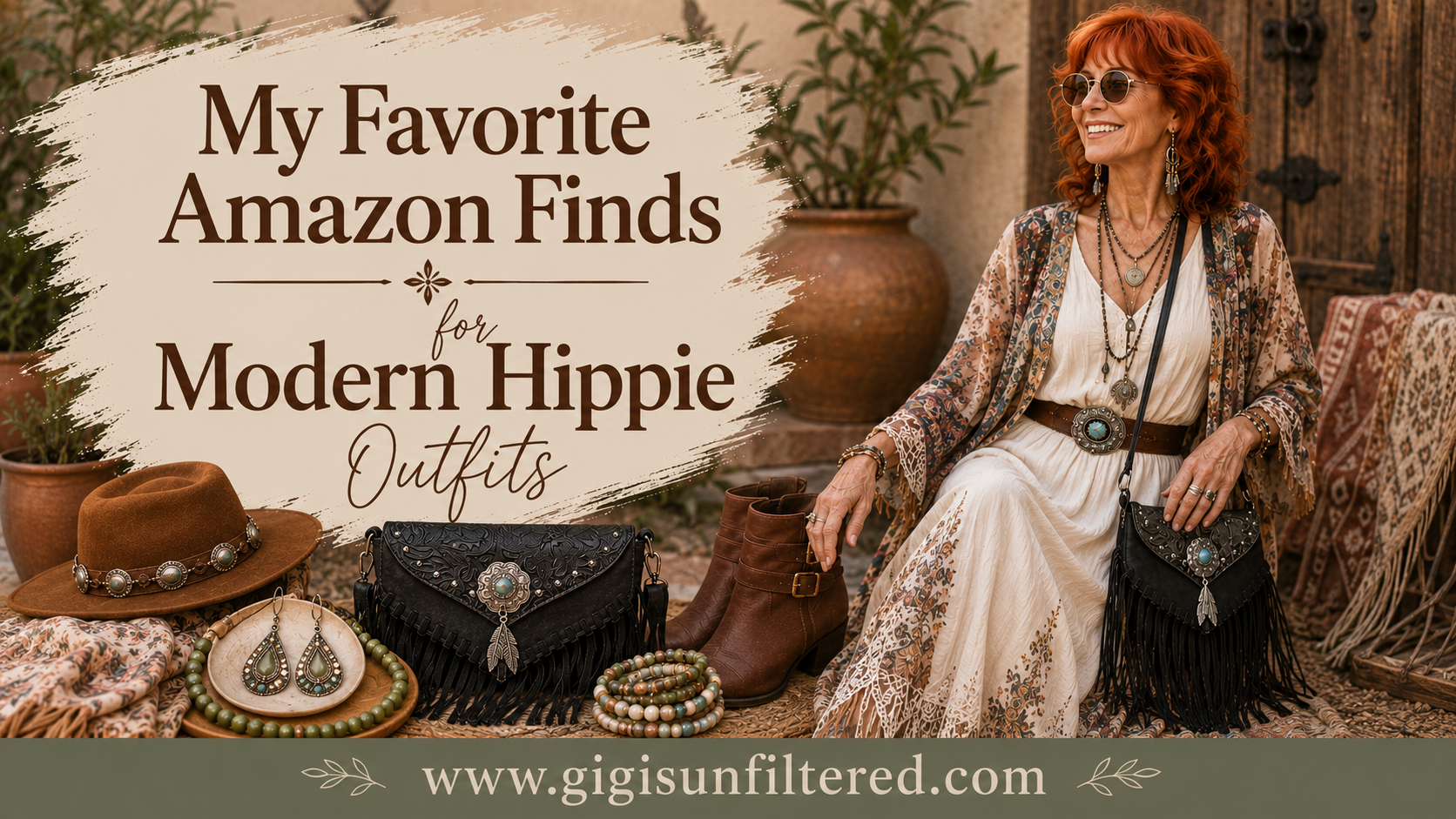 Woman modeling modern hippie outfit with layered jewelry and boho kimono cardigan