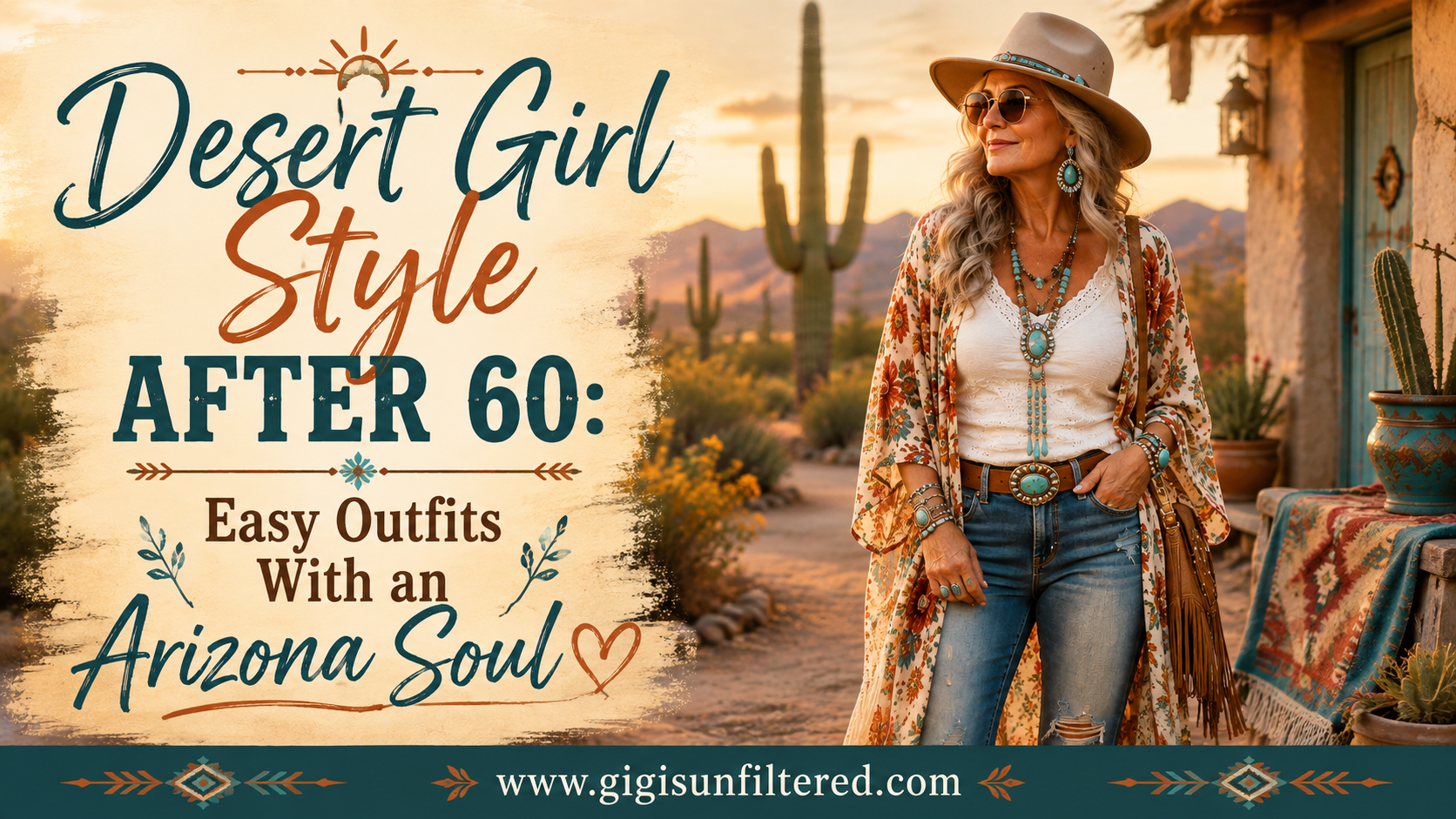 Desert girl style after 60 outfit with turquoise jewelry and Southwest fashion