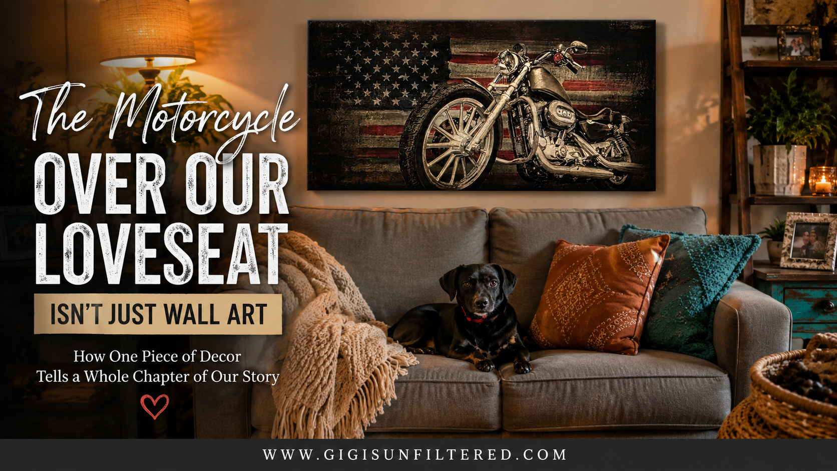 Large motorcycle wall art hanging above a gray loveseat in a boho living room